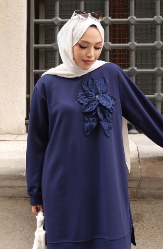 Oysho Fabric Flower Appliqued Hijab Two Piece Suit 0214-02 Navy Blue 0214-02