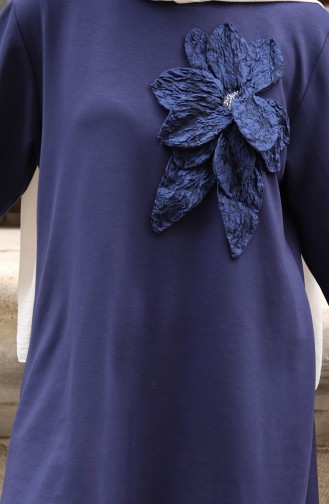 Oysho Fabric Flower Appliqued Hijab Two Piece Suit 0214-02 Navy Blue 0214-02