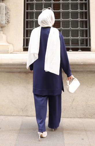 Oysho Fabric Flower Appliqued Hijab Two Piece Suit 0214-02 Navy Blue 0214-02