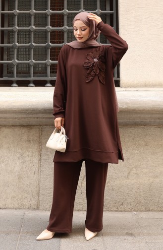 Oysho Fabric Flower Appliqued Hijab Two Piece Suit 0214-04 Brown 0214-04