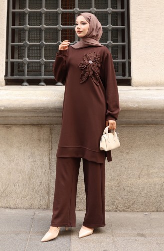Oysho Fabric Flower Appliqued Hijab Two Piece Suit 0214-04 Brown 0214-04