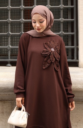 Oysho Fabric Flower Appliqued Hijab Two Piece Suit 0214-04 Brown 0214-04