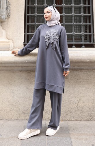 Oysho Fabric Flower Appliqued Hijab Two Piece Suit 0214-05 Anthracite 0214-05