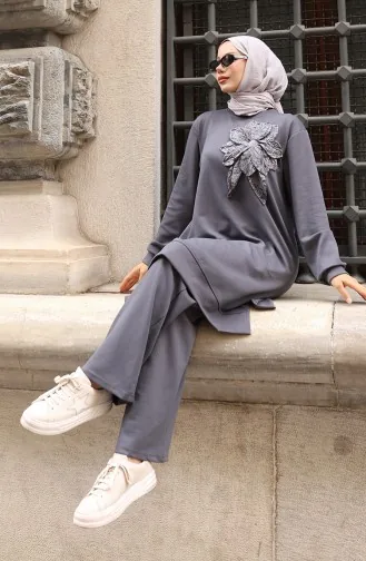 Oysho Stoffen Bloemenapplicatie Hijab Tweedelig Pak 0214-05 Antraciet 0214-05