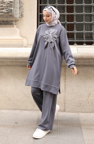 Oysho Fabric Flower Appliqued Hijab Two Piece Suit 0214-05 Anthracite 0214-05