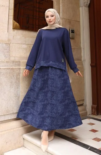 بدلة حجاب من قماش منقوش من Oysho 0218-01 أزرق داكن 0218-01