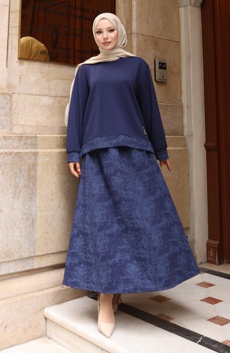 Oysho Kumaş Desenli Etekli Tesettür Takım 0218-01 Lacivert