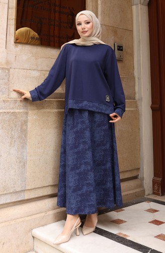 Oysho Kumaş Desenli Etekli Tesettür Takım 0218-01 Lacivert