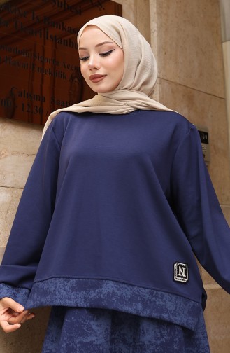 Oysho Kumaş Desenli Etekli Tesettür Takım 0218-01 Lacivert