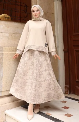 Oysho Fabric Patterned Skirted Hijab Suit 0218-02 Beige 0218-02