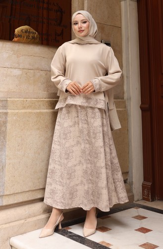 Oysho Kumaş Desenli Etekli Tesettür Takım 0218-02 Bej