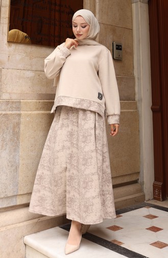 Oysho Kumaş Desenli Etekli Tesettür Takım 0218-02 Bej
