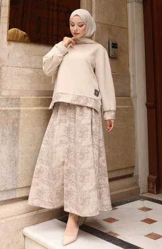 Oysho Fabric Patterned Skirted Hijab Suit 0218-02 Beige 0218-02