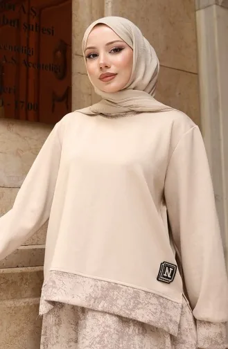 Oysho Fabric Patterned Skirted Hijab Suit 0218-02 Beige 0218-02