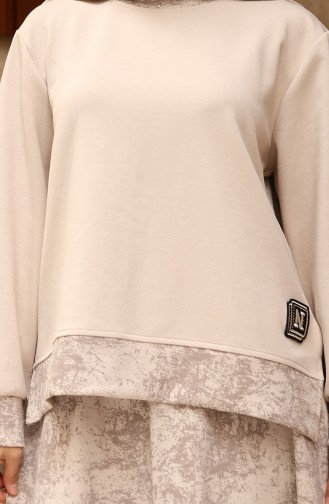 Oysho Kumaş Desenli Etekli Tesettür Takım 0218-02 Bej