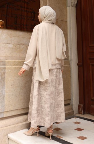 Oysho Kumaş Desenli Etekli Tesettür Takım 0218-02 Bej