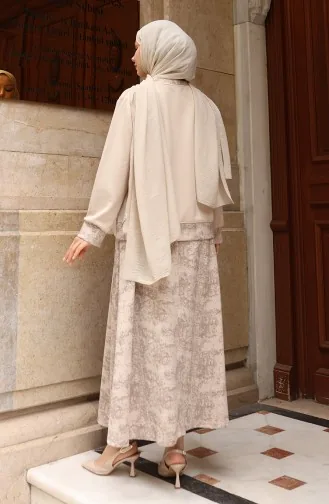 Oysho Fabric Patterned Skirted Hijab Suit 0218-02 Beige 0218-02