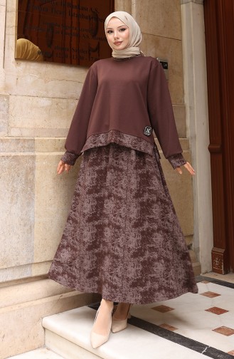 Oysho Kumaş Desenli Etekli Tesettür Takım 0218-03 Kahverengi