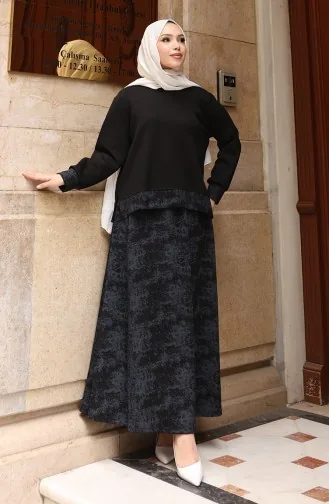 بدلة حجاب منقوشة من قماش أويشو 0218-05 أسود 0218-05