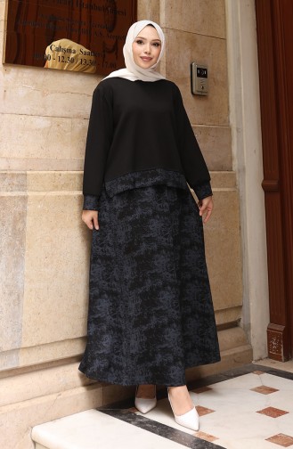 Oysho Kumaş Desenli Etekli Tesettür Takım 0218-05 Siyah