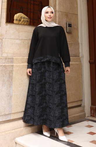 Oysho Kumaş Desenli Etekli Tesettür Takım 0218-05 Siyah