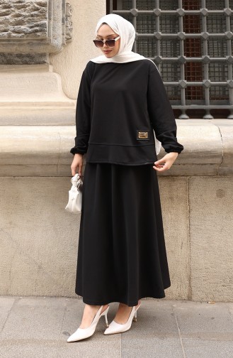 Zweiteiliges Set Aus Scuba-Stoff Mit Hijab-Tunika Und Rock 0221-01 Schwarz 0221-01