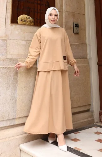 Ensemble Deux Pièces Jupe Tunique Hijab En Tissu Scuba 0221-02 Café Au Lait 0221-02