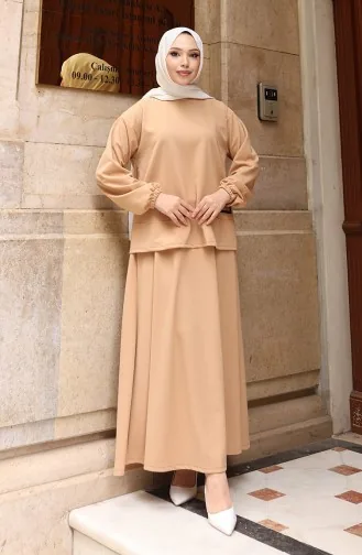 Ensemble Deux Pièces Jupe Tunique Hijab En Tissu Scuba 0221-02 Café Au Lait 0221-02