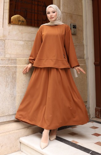 Scuba Fabric Hijab Tuniekrok Tweedelig Set 0221-03 Bruin 0221-03