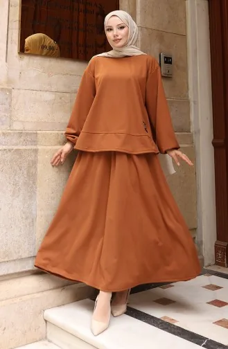 Scuba Fabric Hijab Tuniekrok Tweedelig Set 0221-03 Bruin 0221-03