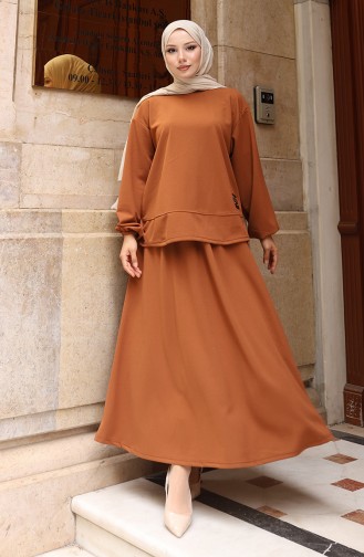 Scuba Fabric Hijab Tuniekrok Tweedelig Set 0221-03 Bruin 0221-03