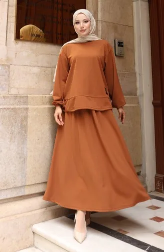 Scuba Fabric Hijab Tuniekrok Tweedelig Set 0221-03 Bruin 0221-03