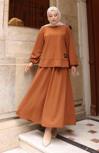 Scuba Fabric Hijab Tuniekrok Tweedelig Set 0221-03 Bruin 0221-03