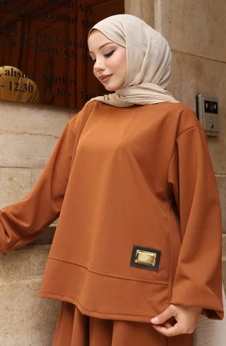 Scuba Fabric Hijab Tuniekrok Tweedelig Set 0221-03 Bruin 0221-03