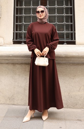 Scuba Fabric Hijab Tuniekrok Tweedelig Set 0221-04 Bruin 0221-04