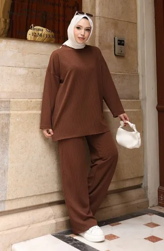 طقم بنطلون حجاب مضلع برباط 2172-01 بني 2172-01