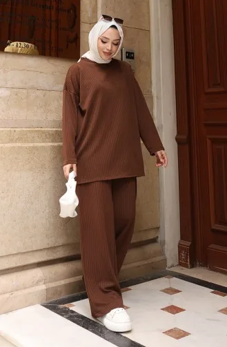 طقم بنطلون حجاب مضلع برباط 2172-01 بني 2172-01