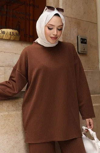 طقم بنطلون حجاب مضلع برباط 2172-01 بني 2172-01