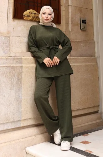 طقم بنطلون حجاب مضلع برباط 2172-02 أخضر غامق 2172-02