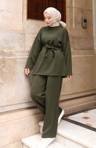 Geribbelde Geknoopte Hijab-broekset 2172-02 Donkergroen 2172-02