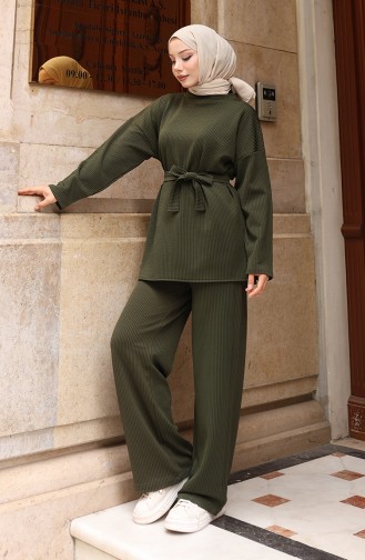 Geribbelde Geknoopte Hijab-broekset 2172-02 Donkergroen 2172-02