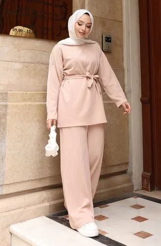 Geribbelde Geknoopte Hijab-broekset 2172-03 Beige 2172-03