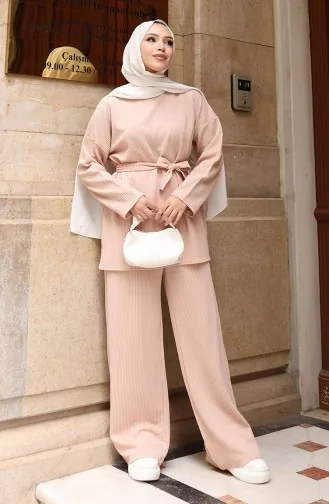 Geribbelde Geknoopte Hijab-broekset 2172-03 Beige 2172-03