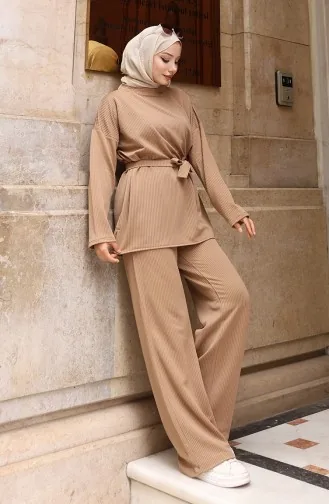Fitilli Bağlamalı Tesettür Pantolon Takım 2172-04 Sütlü kahve