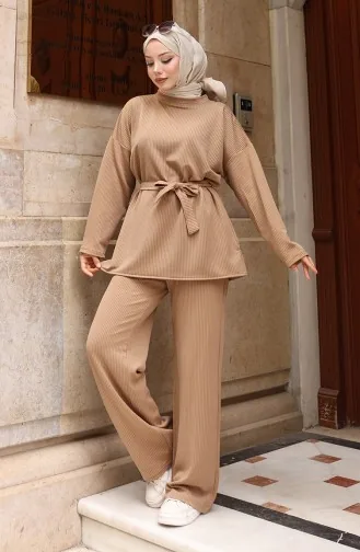 Fitilli Bağlamalı Tesettür Pantolon Takım 2172-04 Sütlü kahve