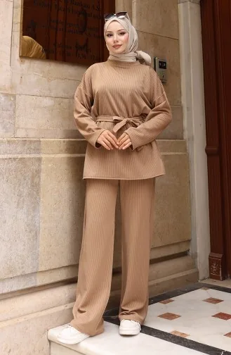 Fitilli Bağlamalı Tesettür Pantolon Takım 2172-04 Sütlü kahve