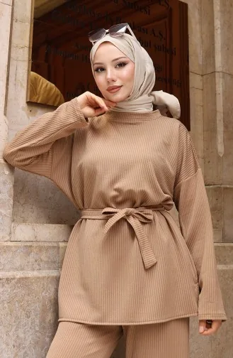 Fitilli Bağlamalı Tesettür Pantolon Takım 2172-04 Sütlü kahve