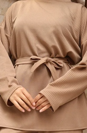 Fitilli Bağlamalı Tesettür Pantolon Takım 2172-04 Sütlü kahve
