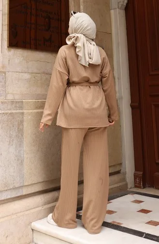 Fitilli Bağlamalı Tesettür Pantolon Takım 2172-04 Sütlü kahve