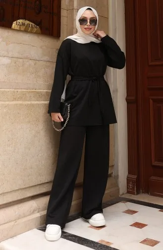 Geripptes Hijab-Hosen-Set Mit Bindebändern 2172-05 Schwarz 2172-05
